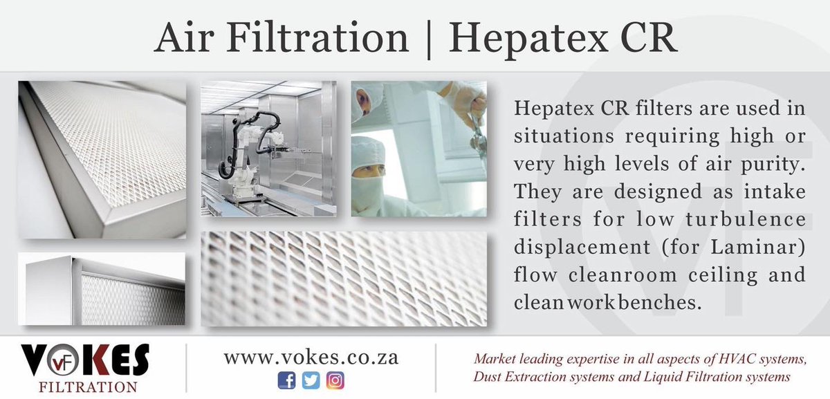 VokesFiltration's tweet photo. Hepatex CR filters are used in situations requiring high or very high levels of air purity.
#vokesfiltration #vokes #HepatexCR #filtration #AirFiltration #CleanRooms #MedialFilters #MedicalFiltration #CleanRoomFiltration #taigeisdigital https://t.co/xQSpufyGq8