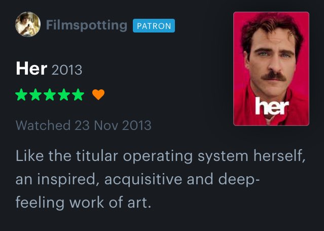 Letterboxd_'s tweet photo. Her (2013)
High vs. Low review. https://t.co/VtLSKTa5ts