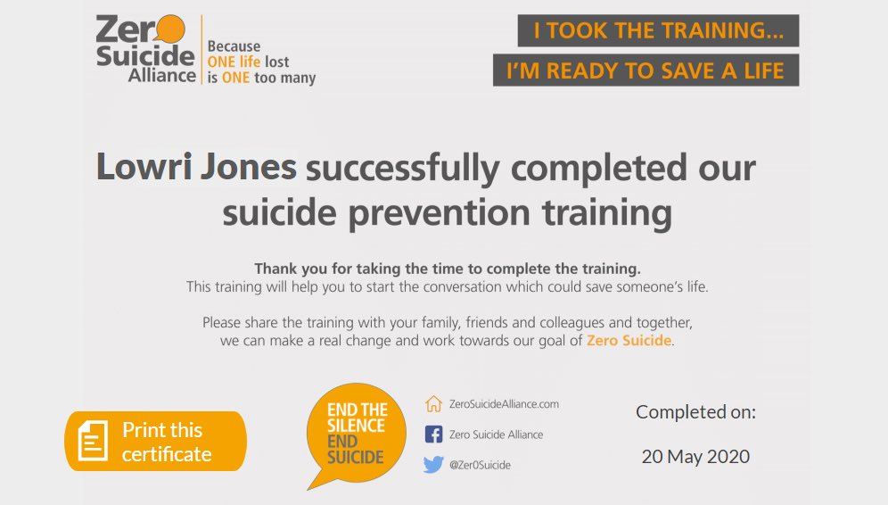 lowrifon89's tweet image. It takes 20 minutes to complete the Suicide Prevention training. It’s #MentalHealthAwarenessWeek2020 and the theme is kindness. Be kind and find the time to do this online course, you could save a life 💛