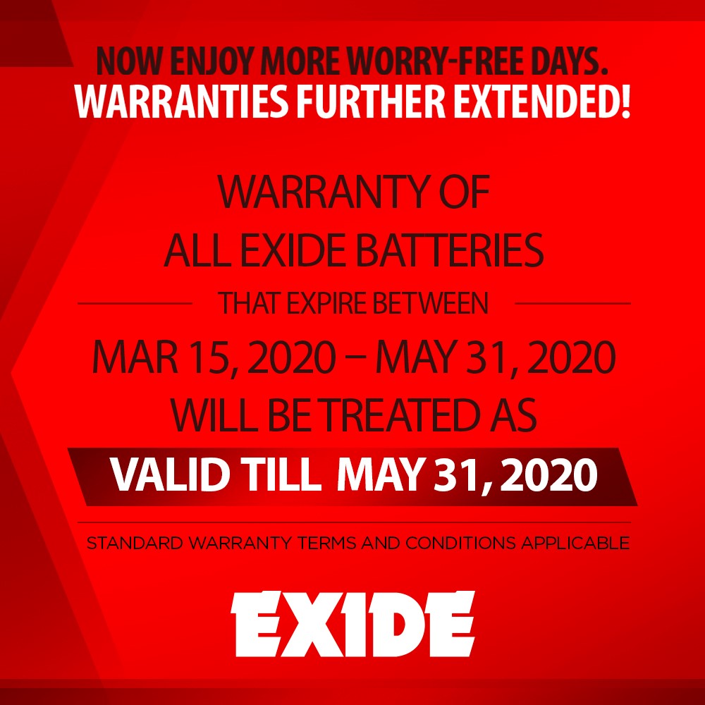 ExideCare's tweet photo. Dear Customers, hope you are doing well! Stay safe and stay at home worry-free in these times of uncertainty as we have further extended the warranty of your Exide battery! #ExideCares #Exide #Service #Extendedwarranty #StayHome #StaySafe #Covid19 https://t.co/mYY6IHxsFU