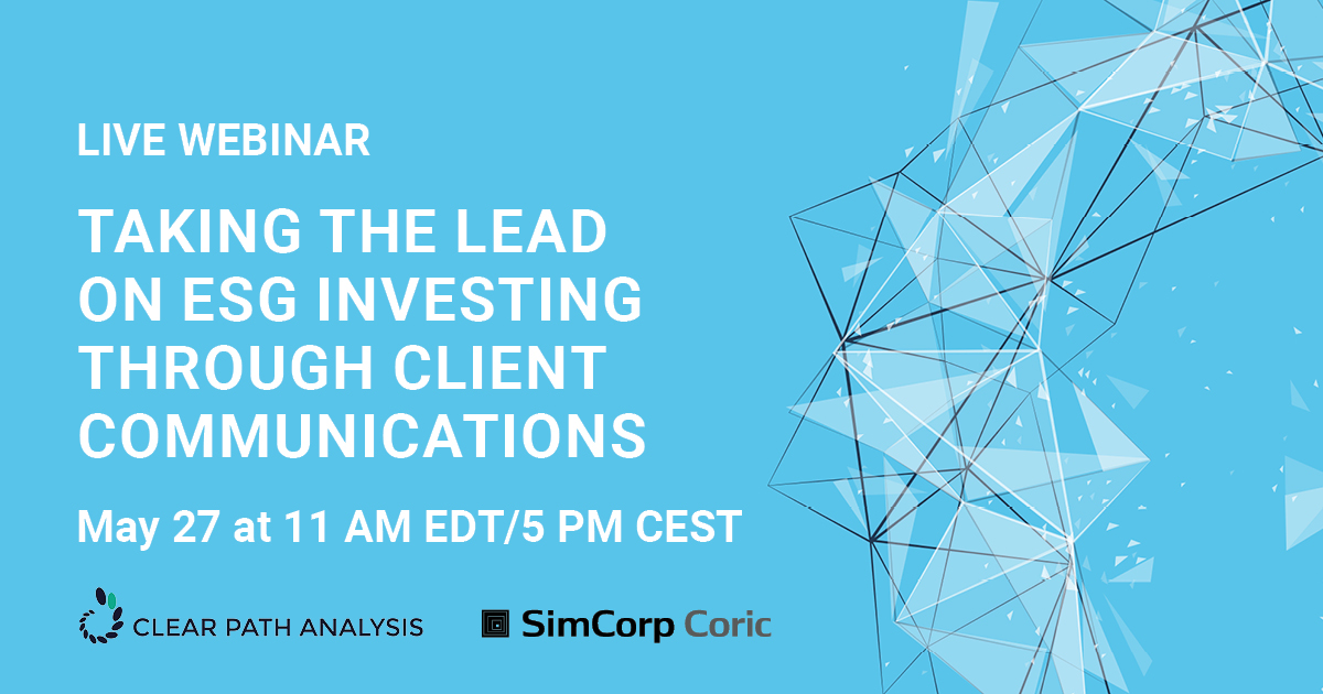 SimCorpItaly's tweet image. Webinar sulle nuove tendenze degli investimenti #ESG e sulla reportistica per la Clientela.
David Czupryna, Head of ESG di @Candriam condividerà la sua visione. 
Iscrizione: bit.ly/3fJkeKl
@ClearPathAnalys #ESG #clientreporting #assetmanagement #SimCorp