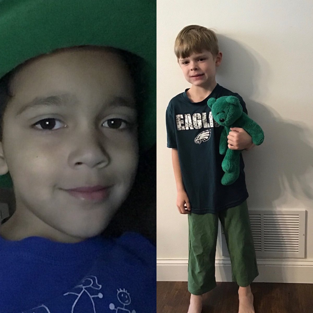 MrsPallone's tweet photo. Roman and Charles show off their green for Mental Health Week ⁦@RichlandQCSD⁩ #virtualspiritdays https://t.co/Lm3pEACt1T