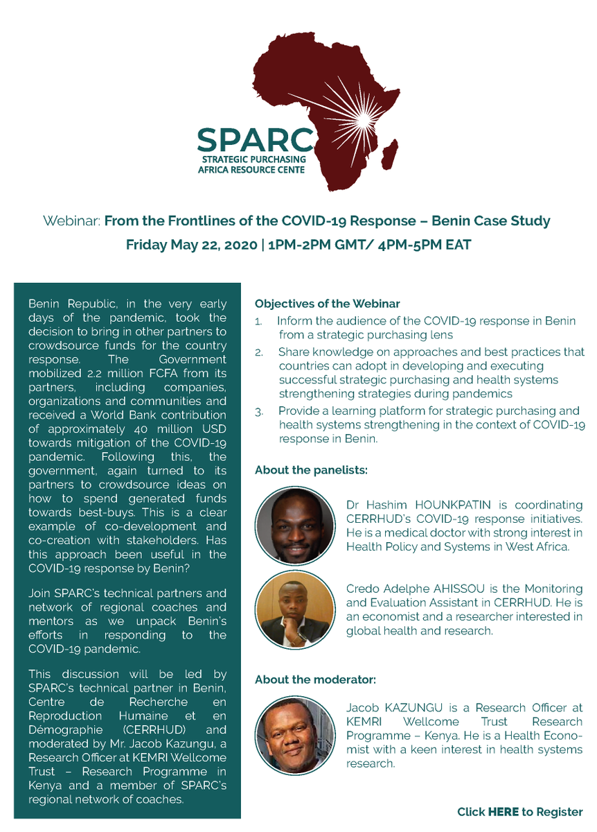 SPARC_Africa's tweet photo. Benin took some quick actions at the onset of #COVID19 pandemic to address the situation. Our Technical Partner @cerrhud is at the fore front of ongoing response &amp; shares tidbits at the Force Community webinar. See details in the poster. Register to attend https://t.co/bCJnCVN35w https://t.co/1j8I3g3D2x
