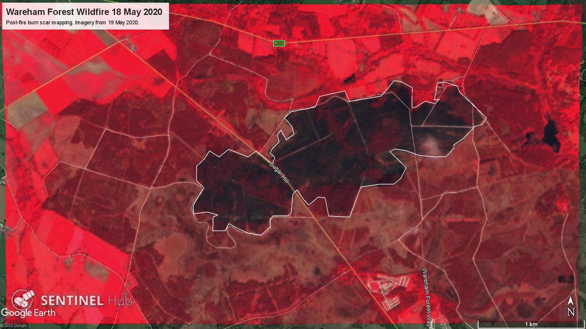 GHR_SouthCoast's tweet photo. NEWS: A satellite image has revealed the extent of the #Wareham Forest fire in #Dorset was bigger than first thought.  The flames burned 190 hectares of heath and woodland. @ForestryEngland says it could take decades for the habitat to recover. https://t.co/inVNuJYxfM