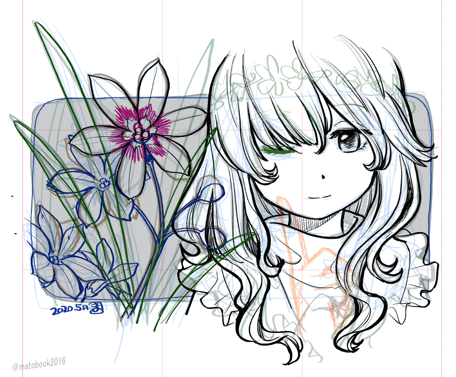 真斗さんの本 21 梅雨入り 下絵 ペン入れ途中はこんな感じです なんだか花が大輪のように感じる構図だなと気付いて手もとを変えてます 春の名残を感じるふわっとした髪型にしました 少女というよりお姉さんぽく描いたのですが どんな全身ファッション