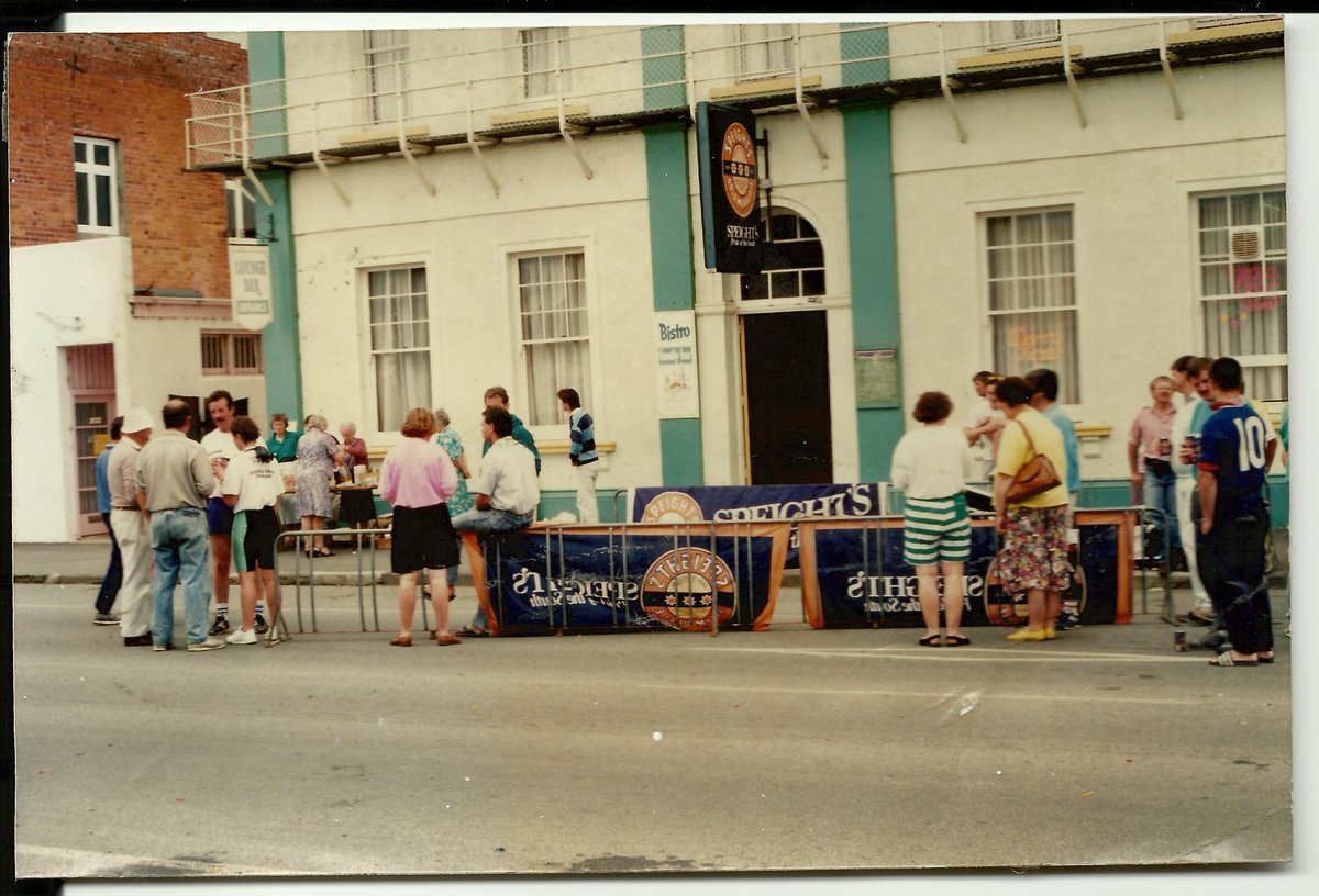 And yet another photodocumentary of Main Street scenes & businesses in Otautau, pre & post Covid: 1. The 2nd Otautau Hotel opened 1875, photographed during 1906 flood, CC 0; 2. The 3rd Otautau Hotel 1921, CC 0; 3. The 4th Otautau Hotel 1991, CC BY; 4. Otautau Hotel 13/5/20, CC BY