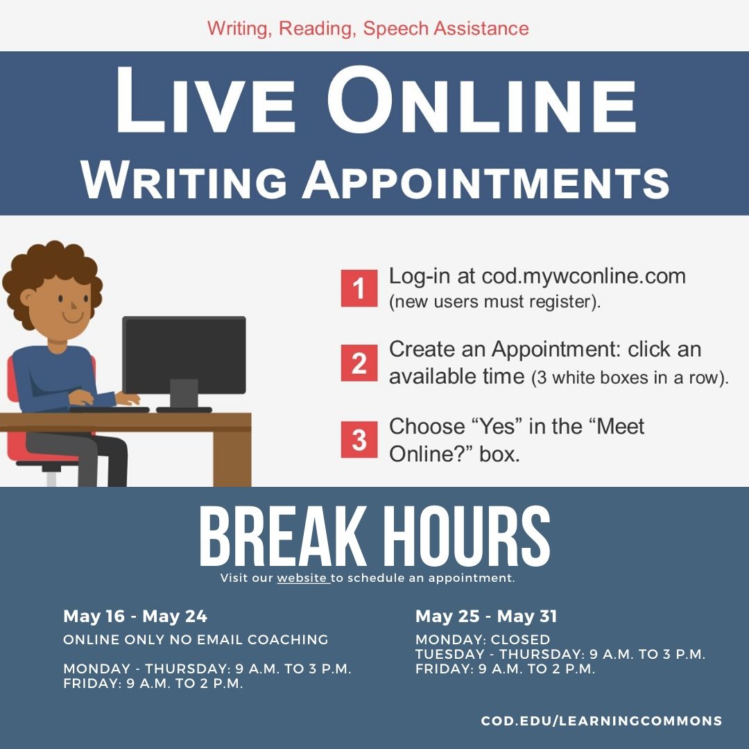 TASC_COD's tweet photo. Writing, Reading, Speech Assistance coaches are available limited hours over break. Visit our website for more information (link in bio) or to use the link in our bio to schedule an appointment.
#CODLearningCommons #WRSAWednesday #ChapsUnite https://t.co/QMnqwVVaP2