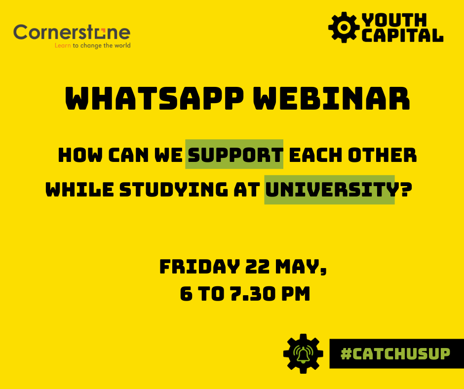 YouthCapitalSA's tweet photo. [WHATSAPP WEBINAR] Youth Capital Influencer Ziyanda Bans will be in conversation with Lance Kieswetter, Learning Centre Manager at @Cornerstone_CPT on peer support for tertiary students. Join them here https://t.co/cYtEpbdCaC
#CatchUsUp #SwitchGears https://t.co/Ffg5fmPyTw