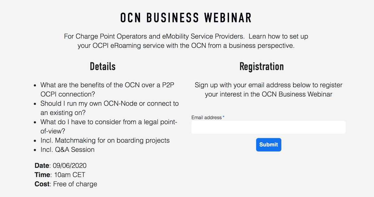 Join our upcoming OCN Business Webinar on June 9th. The Webinar is for CPOs and eMSPs who want to learn how to set up their OCPI eRoaming service with the OCN from a business perspective. Places are limited so follow the link to register now! #FreeWebinar
shareandcharge.com/open-charging-…