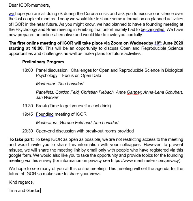 GordonFeld's tweet photo. The Interest Group for Open and Reproducible Science (IGOR) in the Biological Psychology Section of the German Psychological Society is having an online meeting with panel discussion on open data. If you are interested to join please DM me and I will share the registration link! https://t.co/4owGIwcp9X