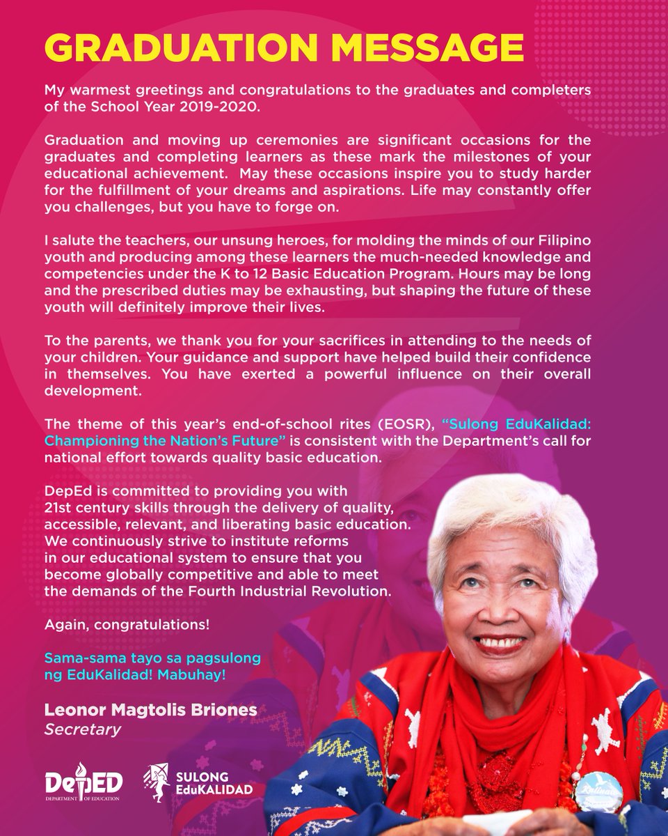 DepEd_PH's tweet photo. READ: The Secretary's Message on the Graduation/Moving-up Ceremonies for School Year 2019-2020

Download the full text: https://t.co/Y7a9uxh8Kv

#SulongEduKalidad #DepEdPhilippines #DepEdTayo https://t.co/aYCxG3vrDX