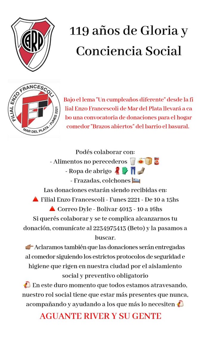 River solidario #MdP Filial Enzo Francescoli. Nos ayudas? 👇🏻❤️