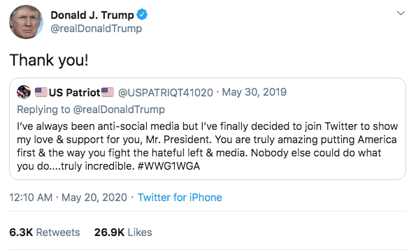 Trump just after midnight last night quote tweeted a QAnon account. The QAnon slogan is in the tweet Trump quote tweeted. https://twitter.com/travis_view/status/1262960528822923264