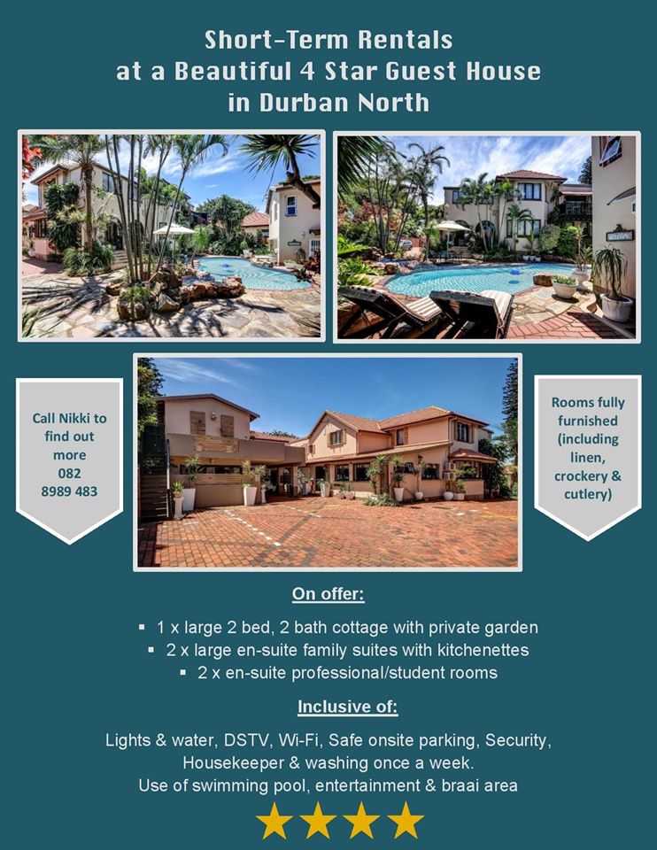 Different Short-term rental options on offer. All inclusive from R5k - R15k
Call Nikki on 0828989483 for more info.
manor-house.co.za