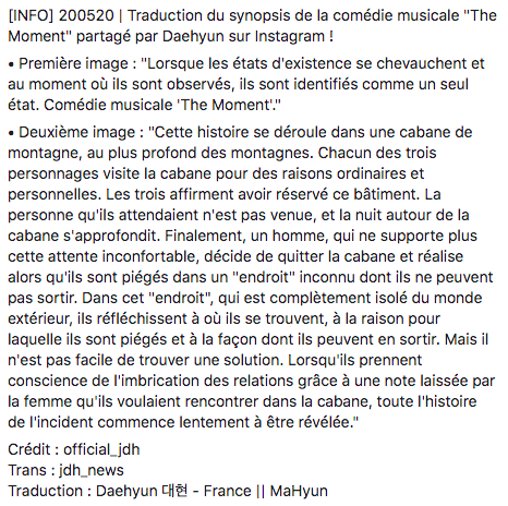 DaehyunFr's tweet photo. [INFO] 200520 | Traduction du synopsis de la comédie musicale "The Moment" partagé par Daehyun sur Instagram !

Crédit : official_jdh
Trans : jdh_news
Traduction : Daehyun 대현 - France || MaHyun https://t.co/ha5NRedTN3
