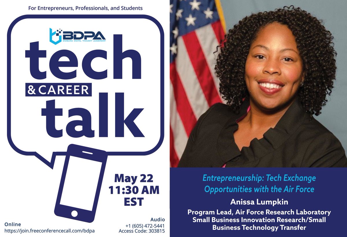 Career Talk w/ Anissa Lumpkin Fri. May 22.  Join in 11:30 AM EST Online Meeting Link: join.freeconferencecall.com/bdpa
 Audio Only: Dial 1(605) 472-5441 Access Code: 303815
#BDPA, #BDPATECHTALK, #BDPACAREERTALK, #BDPA2020
Catch up on previous talks, visit bdpa.org/page/BDPATechC…