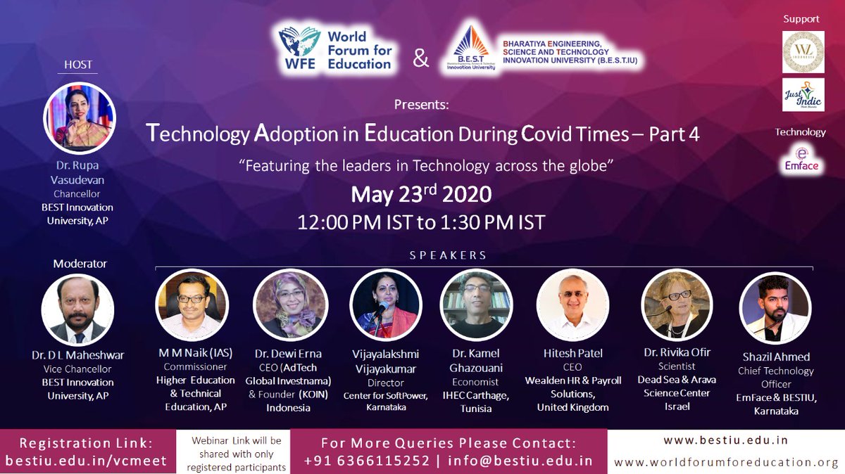bestiu20's tweet photo. Part 4 of Webinar - Technology Adoption in Education During Covid Times - a Global Perspective.
Registration Link: https://t.co/8uM0tYN4dM
#technology #ICTinEducation #learning #BESTIU #WFE #WWLC #YAAC2020 #COVID #educationleadership #leadersspeak https://t.co/G8IMdBwgNZ