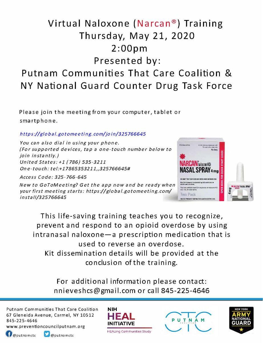 PutnamValleyCSD's tweet photo. Putnam County Virtual Naloxone Training and Regional Training facilitated with NY National Guard Counterdrug Taskforce. Narcan kits will be disseminated to all eligible participants. Details provided at the conclusion of the training. @PVCSDHealth @jluft1 @44natalie @2020_PVHS https://t.co/15EvERljPh