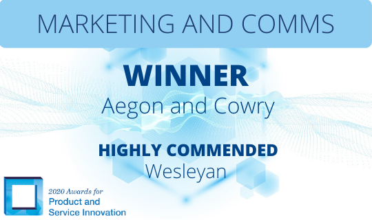 TheFSForum's tweet photo. Marketing and Comms: Winner - @AegonUK &amp; @CowryConsulting 'Personalised Pension Video Summaries' "An excellent approach to product development and marketing. Clear vision, supported by evidence into an area that lacks understanding by many" Highly Commended: 
@wesleyan https://t.co/jaxw8IgyCZ