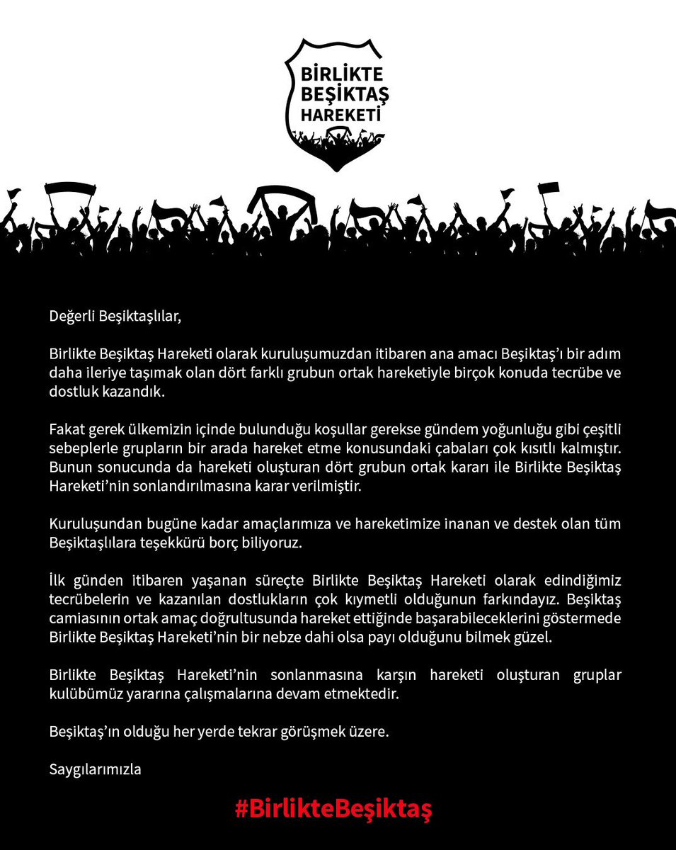 FKartallari's tweet photo. Değerli Beşiktaşlılar, 

Birlikte Beşiktaş Hareketi bileşenlerinin ortak kararıyla sonlandırılmıştır, bilgilerinize sunarız. https://t.co/xSFjsUX7F1