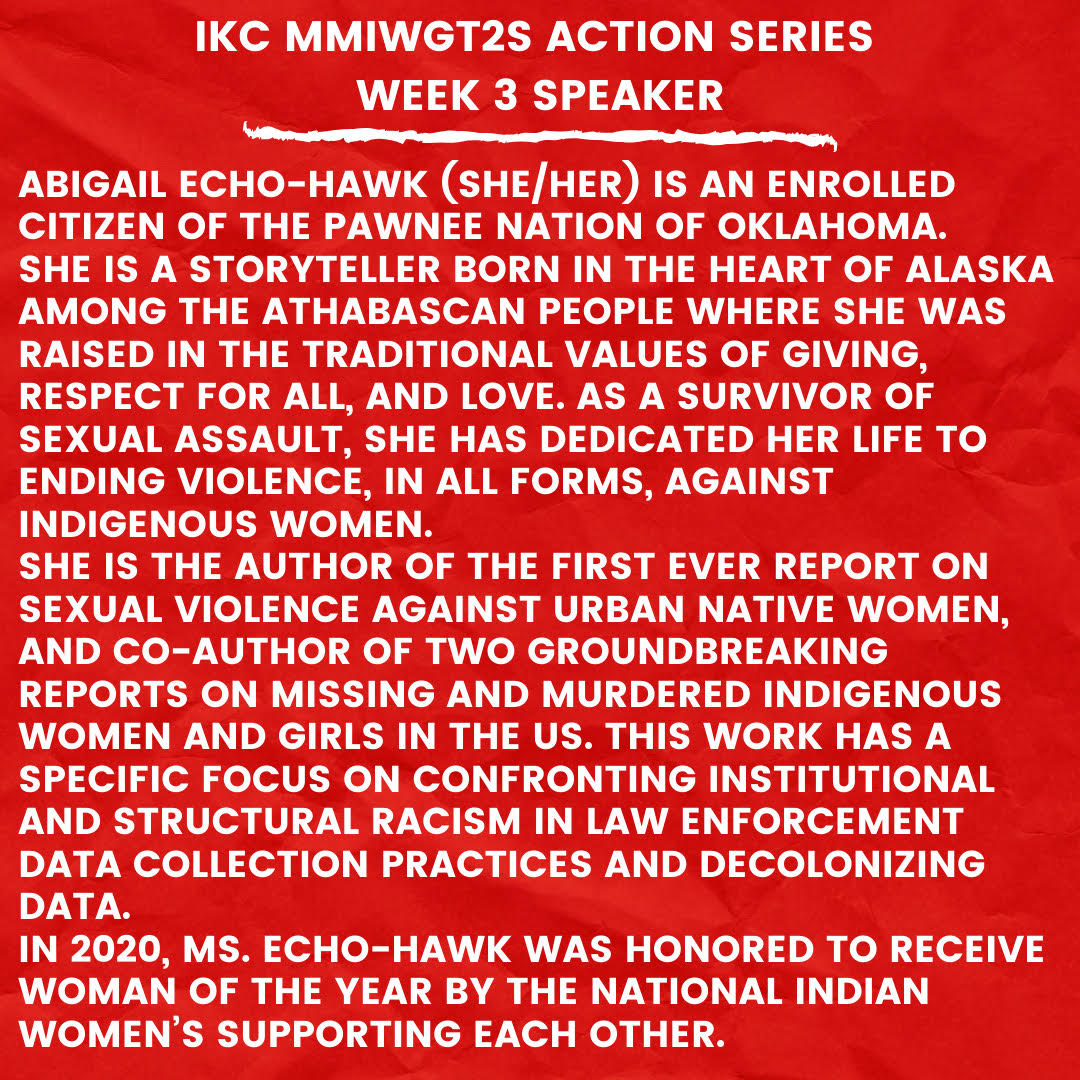 TONIGHT: We are honored to announce this Wednesday’s guest speaker Abigail Echo-Hawk! Please join us via Zoom this Wednesday (5/20) at 7PM EST for the third event in May Action Series on #MMIWGT2S. Link in bio.