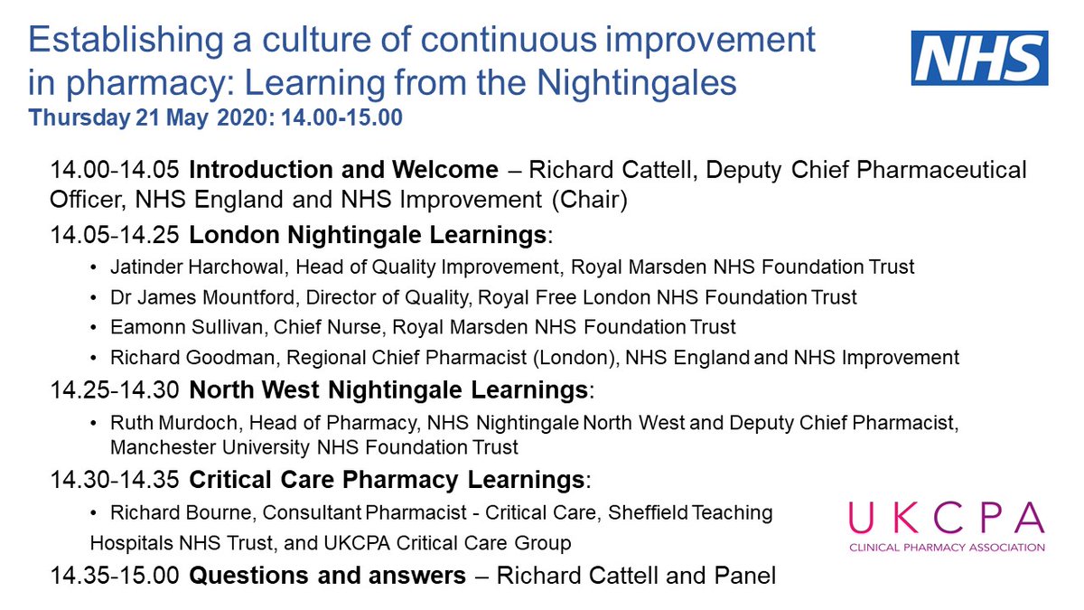 Please share - inviting colleagues to join an <a href="/UKCPA/">UKCPA</a> <a href="/NHSEngland/">NHS England</a> 'Establishing a culture of continuous improvement in pharmacy' webinar on Thursday 21 May at 14.00-15.00. Learning from the Nightingales can be taken back to any organisation. To join: bit.ly/36eGNSQ