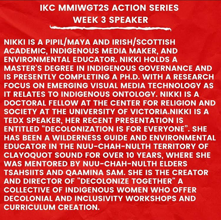 TONIGHT: We are honored to announce this Wednesday's guest speaker Nikki! Please join us via Zoom this Wednesday (5/20) at 7PM EST for the third event in our May Action Series on #MMIWGT2S. Link in bio.