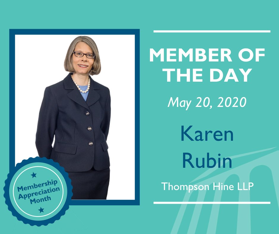 CleMetroBar's tweet photo. We proudly recognize Karen Rubin of Thompson Hine LLP as our Member of the Day. Karen is the Chair of the CMBA Ethics & Professionalism Committee, a former Chair of the Grievance Committee, & member of the Thought Leadership Committee. Thank you, Karen! #MyCMBA https://t.co/LPZE5QQZFu