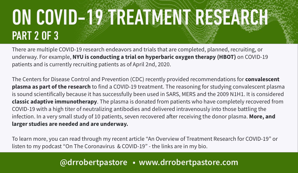 There is research ongoing to address some of the symptom complexes of #COVID19 that would allow other medications to work more rapidly or with higher efficacy.
Learn more about COVID-19 treatment research here: drrobertpastore.com/articles/2020-…