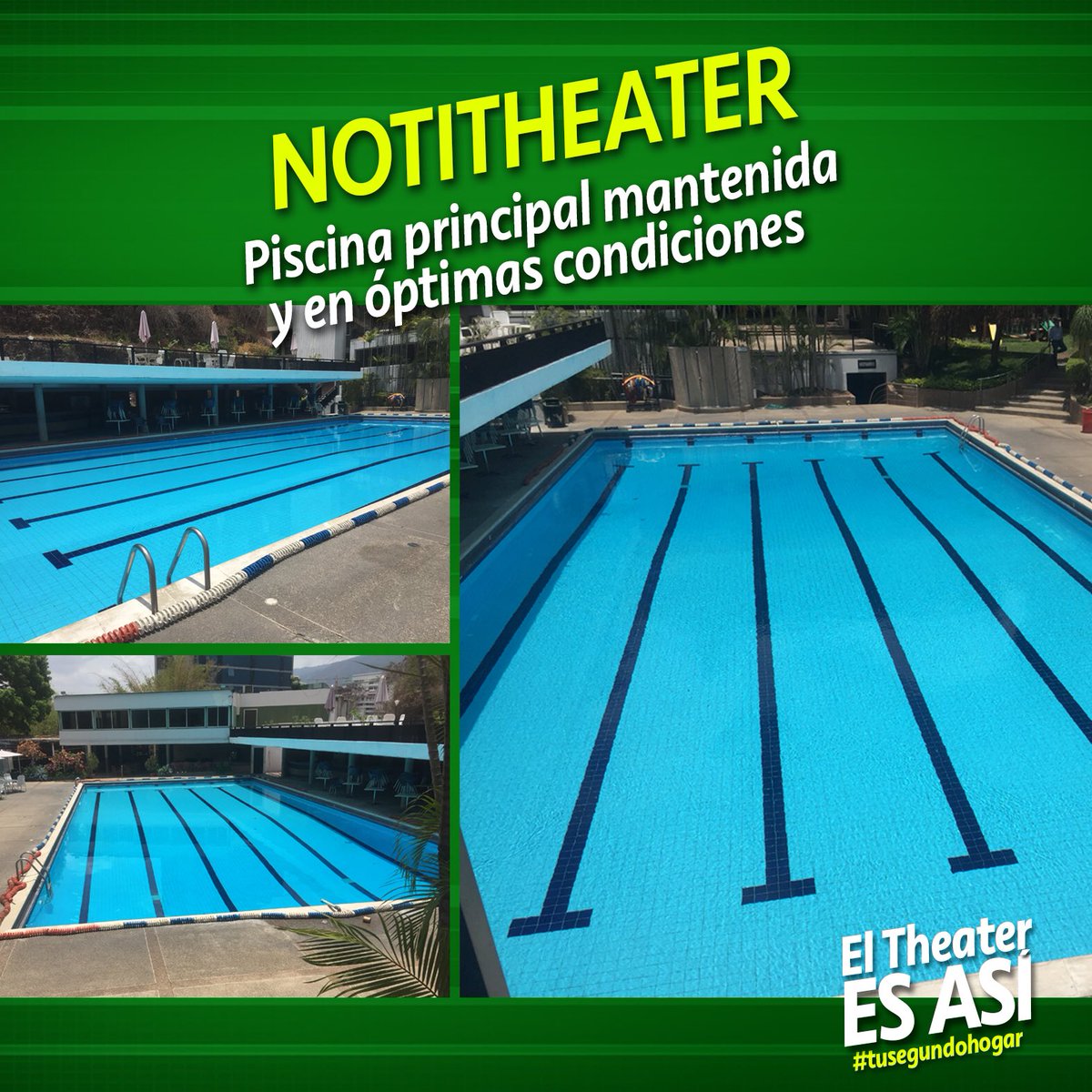 CCSTheaterClub's tweet photo. Noti-Theater informa 📢 que nuestra piscina 🏊♀️ 🏊♂️ principal está limpia y mantenida. Esperando poder disfrutar de ella muy pronto. En la cuarentena seguimos trabajando para mantener nuestro club en óptimas ✅👍condiciones. #caracastheaterclub #ctc #notitheater #eltheateresasí https://t.co/tlWHqgoSP5