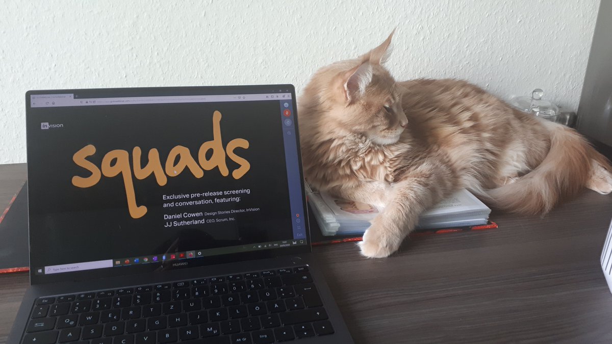 MPerfiljeva's tweet photo. Attending Squads screening by @InVisionApp with my SCRUM-meowster. #workingfromhome https://t.co/ZbUzH7UnEL