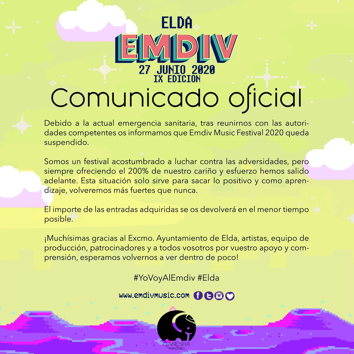 Indie Lovers (@indieloversm) on Twitter photo Otro de los festivales suspendidos en las últimas horas por el coronavirus es el <a href="/EmdivFestival/">EMDIV MUSIC FESTIVAL</a> que iba a celebrarse en Elda el 27 de junio. La organización procederá a la devolución del importe de las entradas "en el menor tiempo posible". Otro de los festivales suspendidos en las últimas horas por el coronavirus es el <a href="/EmdivFestival/">EMDIV MUSIC FESTIVAL</a> que iba a celebrarse en Elda el 27 de junio. La organización procederá a la devolución del importe de las entradas "en el menor tiempo posible".