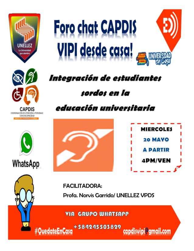 vipiprensayrrpp's tweet photo. Hoy #20May a partir de las 4:00pm se estará realizando el Foro Chat #Capdis "Integración de Estudiantes Sordos a la Educación Universitaria", por medio de la plataforma #WhatsApp
Para unirte al grupo ⏩ https://t.co/9SNY43Ikhe
#UnellezVipi
#UniversidadEnCasa
#QuedateEnCasa https://t.co/P8LuCSB1ZT