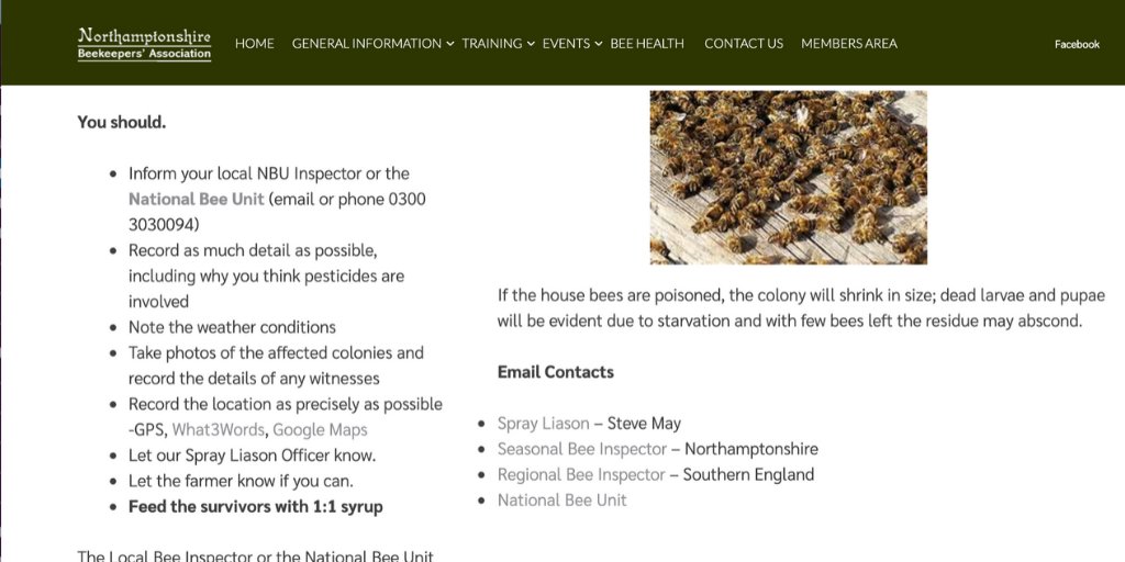 screenshot of northamptonshire beekeepers association asking members to report poisoning using what3words