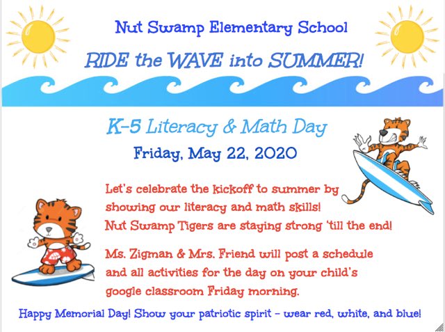 Get ready to RIDE the WAVE into SUMMER @NutSwampTigers! Our K-5 Literacy &amp; Math Day is almost here! Let’s celebrate Memorial Day &amp; kickoff to summer by showing off our skills! Wear ❤️🤍💙 on Friday!@NutSwampSchool is going strong ‘til the end! <a href="/abbyfriend79/">Mrs. Friend</a> #TigerTime #MTPSpride