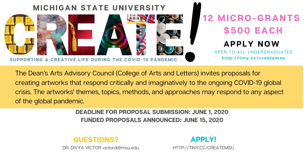 MSUCAL's tweet photo. The #MSUCAL Dean’s Arts Advisory Council is offering 12 micro-grants for student artwork that addresses the COVID-19 pandemic. Read more about deadlines, requirements, and how to apply: https://t.co/JHZMKN1mXj https://t.co/6vd9brB6OJ