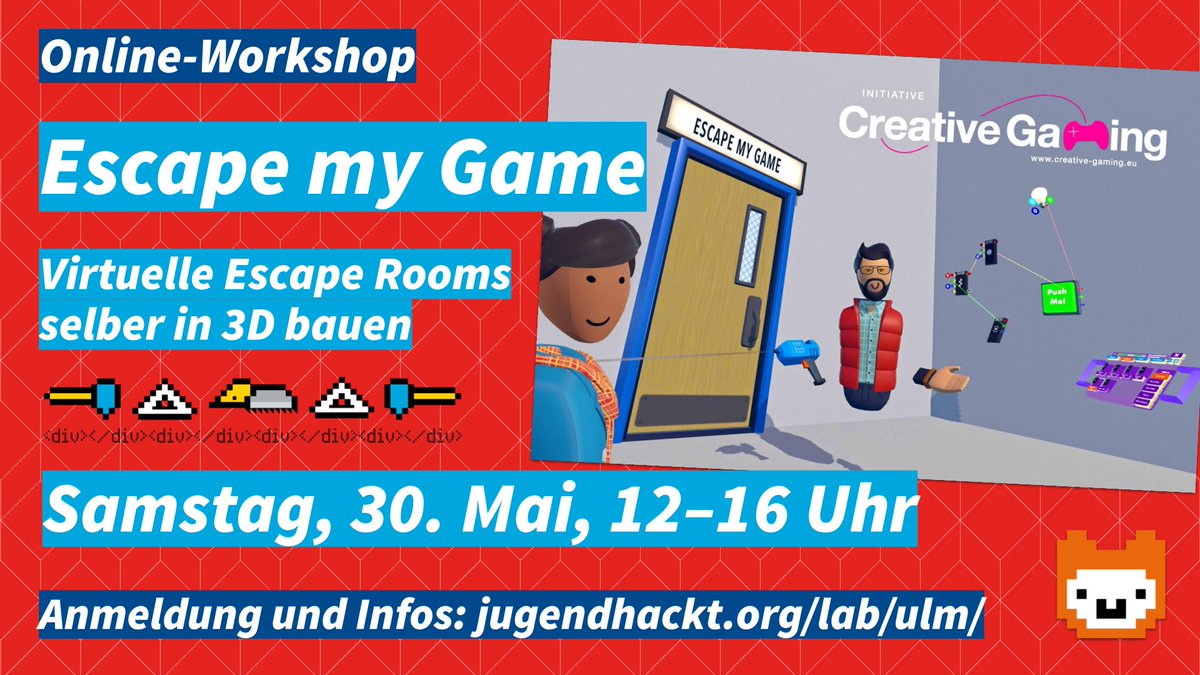 jhacktulm's tweet photo. Ihr interessiert euch für Games 🎮? Dann kommt zu unseren kostenlosen Online-Workshops am 30. 5 (12-16h) und am 2./3.6 (10-14h). Anmeldungen: lab-ulm@jugendhackt.org 
#creativegaming #jhacktulm #minetest #RecRoom #escaperoom https://t.co/EqsMpcHNf1