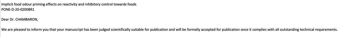 SChambaron's tweet image. Notre artcile #Implicit #food #odour #priming effects on #reactivity and #inhibitory control towards foods vient d'être accepté dans la revue @PLOSONE 
 : BRAVO à notre Doctorante 
@MarineMas
 , avec @MarieClaudeBrindisi et @ClaireChabanet, 
@CSGA_DIJON