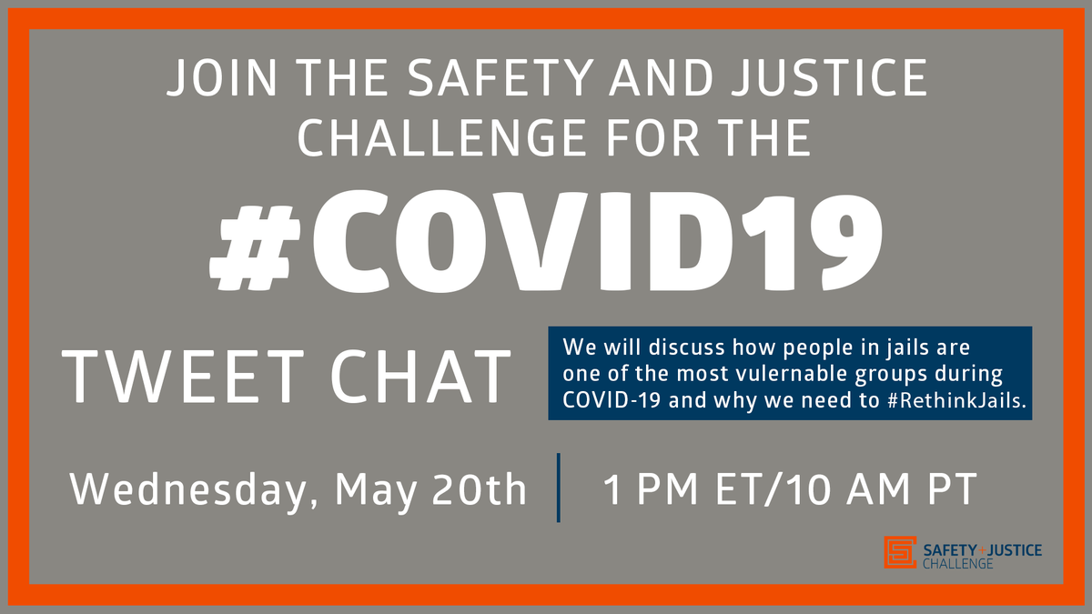 Inside overcrowded jails, social distancing isn't available. As a result, people in jail are one of the most vulnerable groups during the COVID-19 pandemic. Join us &amp; <a href="/safety_justice/">Safety and Justice</a> at  1pm for a #COVID19 Tweet Chat to discuss why now more than ever we need to #RethinkJails.