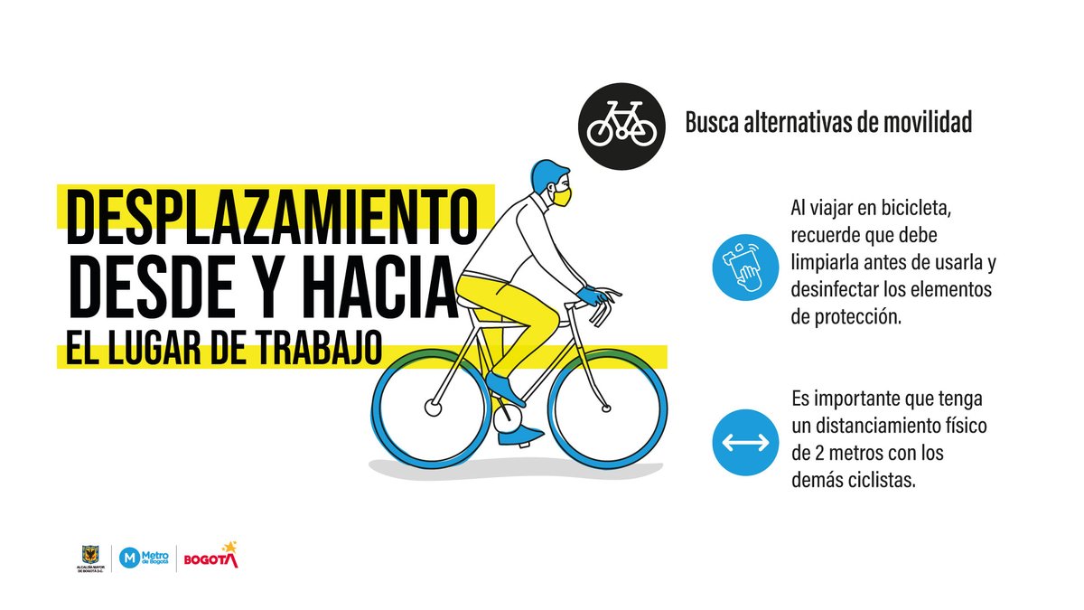 MetroBogota's tweet photo. #MetroContigo Recuerde que la distancia social, con un mínimo de 2️⃣ metros, no solo aplica para el ciudadano que transita a pie🚶🏻‍♂️🚶🏼‍♀️sino también para el ciclista🚲. Es momento de cuidarnos entre todos. https://t.co/a4q28f8v4j