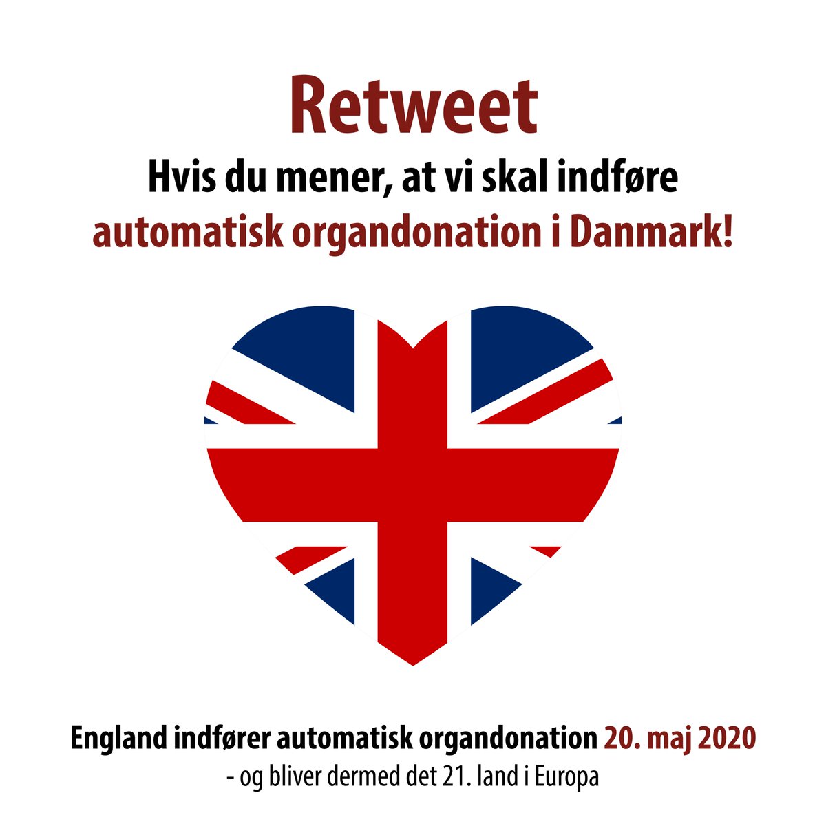 organdonationDK's tweet photo. Retweet - hvis du mener, at vi bør indføre automatisk organdonation i 🇩🇰 DANMARK 🇩🇰
🇬🇧 ENGLAND 🇬🇧 indfører nu organdontion med aktivt fravalg fra 18-årsalderen. Hermed har 21 lande i Europa indført dette nye donorsystem.🙂❤️👍
#dkmedier #dkpol #sundpol #sunhed #redliv #danmark https://t.co/LkBP7Q0PVd