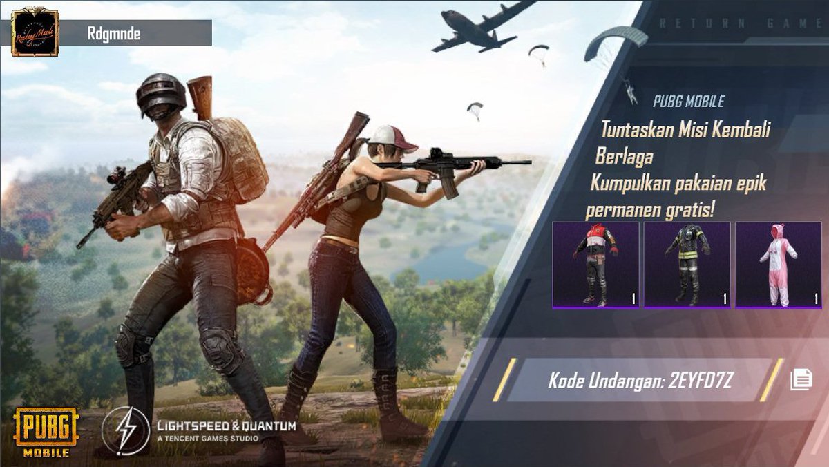 saparie's tweet photo. Tuntaskan Misi Kembali Berlaga PUBG MOBILE! Kumpulkan pakaian epik permanen gratis! Kode undangan saya: 2EYFD7Z https://t.co/VWYRQn2rKn https://t.co/pRWu9R8hWf