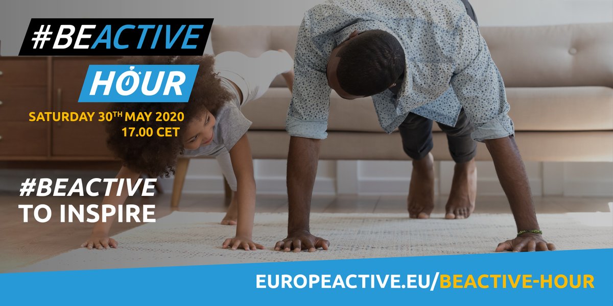 EuSport's tweet photo. Any plans for Saturday 30 May? We may have something very interesting for you!

Tune in at 17:00 CET to join the #BeActive Hour organised by @Europe_Active &amp; @_ukactive - 1 hour of physical activity to #BeActiveAtHome all together across Europe! 

ℹ️ https://t.co/bbM9TDRdJj https://t.co/3r2ZoZuTcc