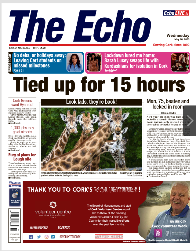 VolunteerCork's tweet photo. If you pick up a copy of the @echolivecork today, you'll see a special Volunteer Thank You message from Cork Volunteer Centre right on the front cover!
With thanks to @aib_rose and the team in @AIBIreland North Main Street for their support!
#CVW2020 #RebelResponse https://t.co/SZEmJAaouZ