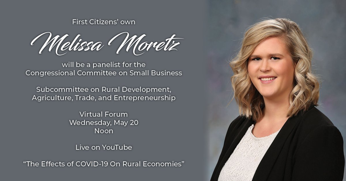 MyFCBank's tweet photo. FCB's own Melissa Moretz will be one of four panelists on a Congressional subcommittee virtual forum today. The panel will discuss the effects of COVID-19 on rural economies. You can watch on YouTube live at Noon! https://t.co/GqQzxBiyXr https://t.co/FgHl1og8XD