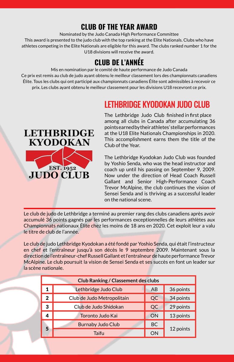 JudoCanada's tweet photo. For the 2nd time in a row / Pour la 2ième fois consécutive
"CLUB OF THE YEAR AWARD / PRIX DU CLUB DE L'ANNÉE"
@LethbridgeJudo
Coaches: Russel Gallant & Trevor McAlpine
#congratulations #bravo #judo #judocanada https://t.co/sLmvHI7j98