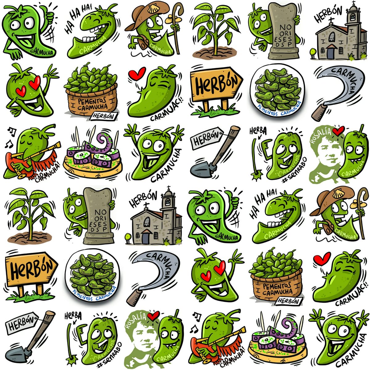 ComposTours's tweet photo. 😉 ¿Os gustan los #stickers 📲diseñados por el gran @OBichero 💭✍ para @carmuchapeppers? MAÑANA A LAS 13:00 en el #facebook @ComposTours sabréis como conseguirlos. HABRÁ MÁS SORPRESAS en FACEBOOK e INSTAGRAM ✨🎁 #padron #galicia #herbon #pementodeherbon ✅ #pimientodepadron 👎🏻 https://t.co/SMyyLyfSs4