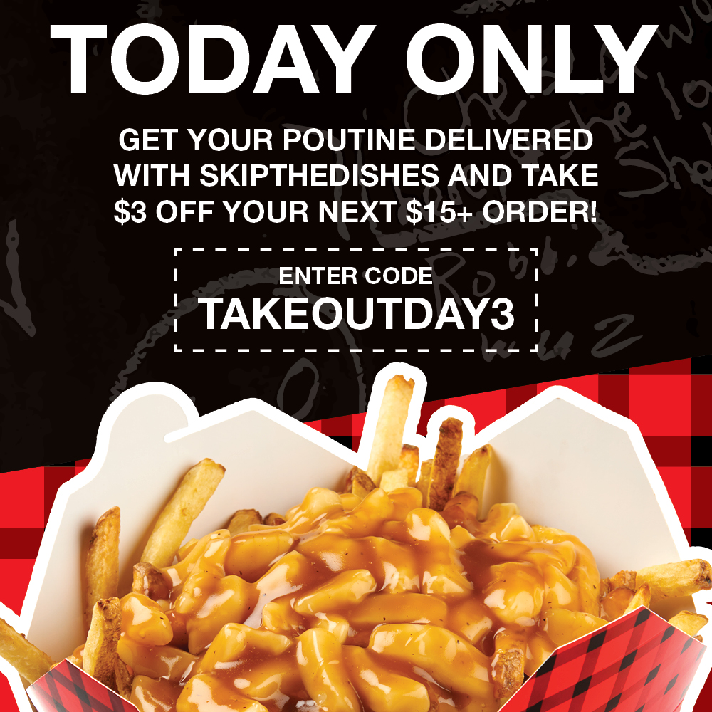 poutinerie's tweet image. It&apos;s BBQ Day andddd #TakeoutDay! We&apos;ve got chipotle pulled pork...bacon cheeseburger...buffalo chicken... and @SkipTheDishes is making your Poutine orders even hotter with $3.00 OFF! FIRE IT UP🔥 #PoutineEh #BBQ #SkiptheDishes