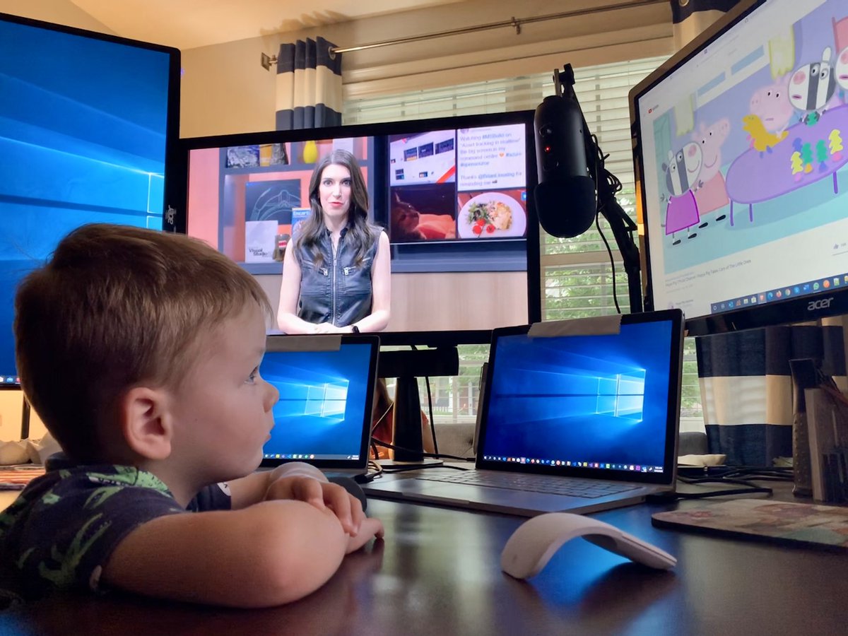CBPSC's tweet image. A future @azureadvocates tuning into the #MSBuild livestream. Ok well, maybe a little Peppa Pig on the side screen during announcements 🤣 #2YearOldDev #MSBuild2020