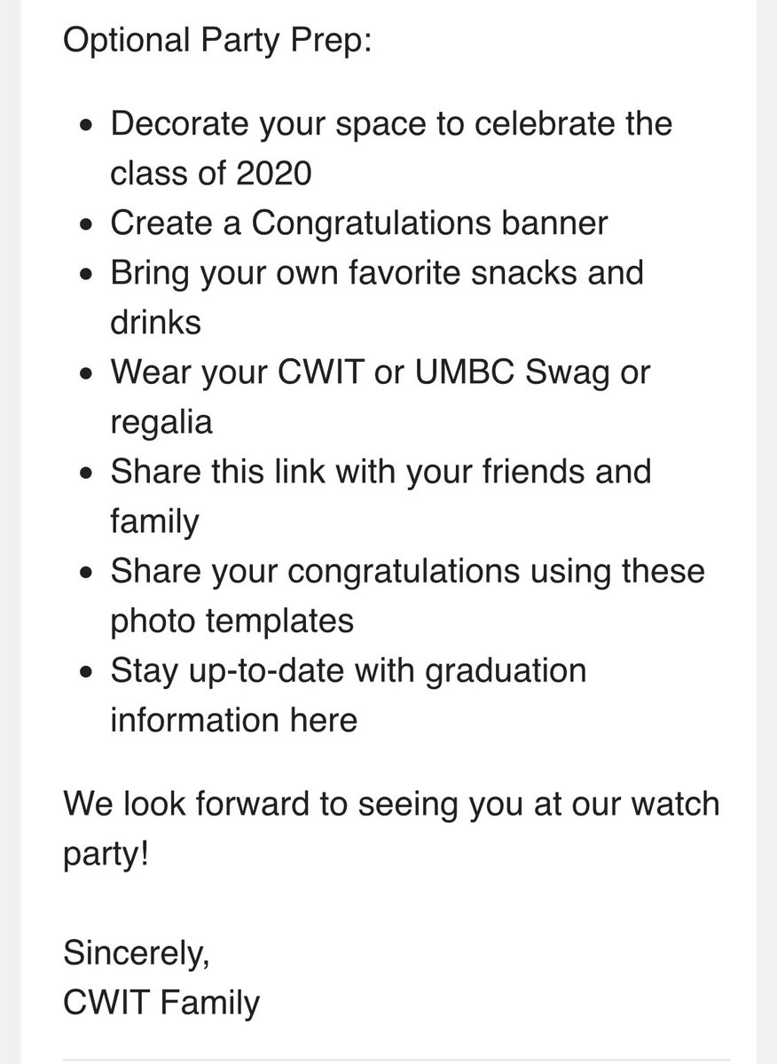 CWIT is having a Graduation Watch Party to celebrate our seniors. We welcome all students, faculty, staff, family members, and alumni.
 
Join us on Thursday, May 21, 2020 at 10am (EST). umbc.webex.com/webappng/sites…